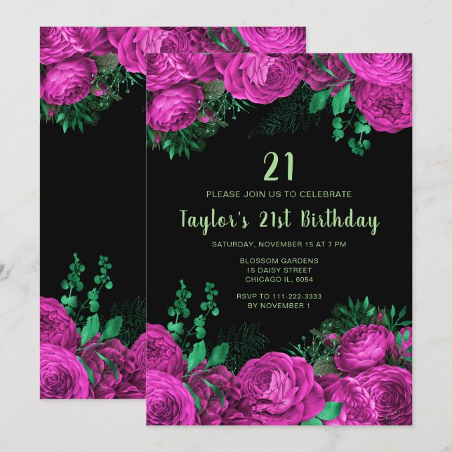 Elegant Hot Pink Flowers Birthday Party Invitation (Front/Back)