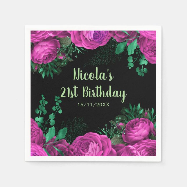 Elegant Hot Pink Flowers Birthday Party Napkins (Front)
