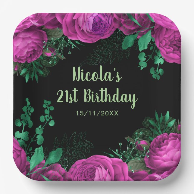 Elegant Hot Pink Flowers Birthday Party Paper Plates (Front)