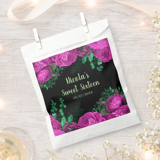 Elegant Hot Pink Flowers Sweet Sixteen Favor Bag (Clipped)