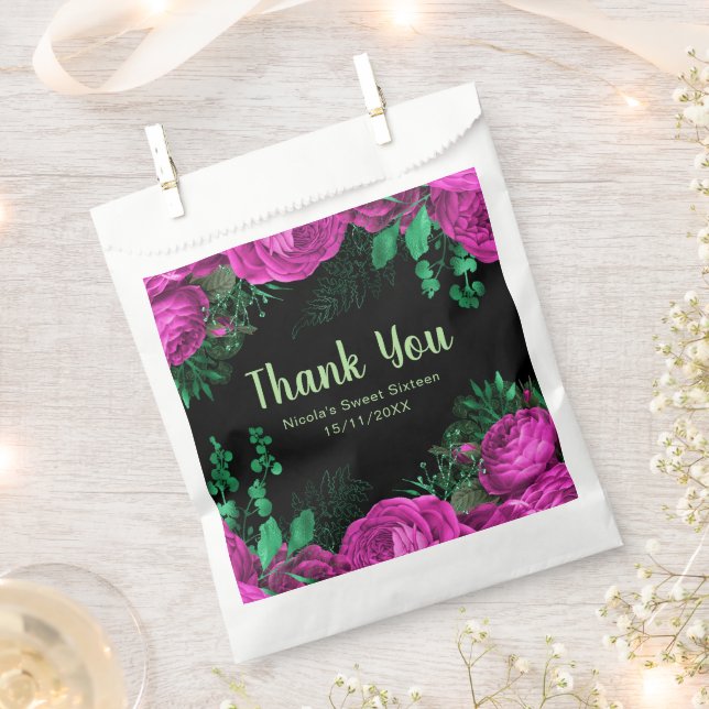 Elegant Hot Pink Flowers Sweet Sixteen Favor Bag (Clipped)