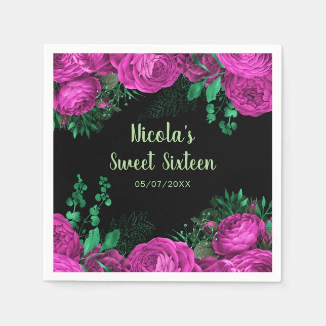 Elegant Hot Pink Flowers Sweet Sixteen Napkins (Front)