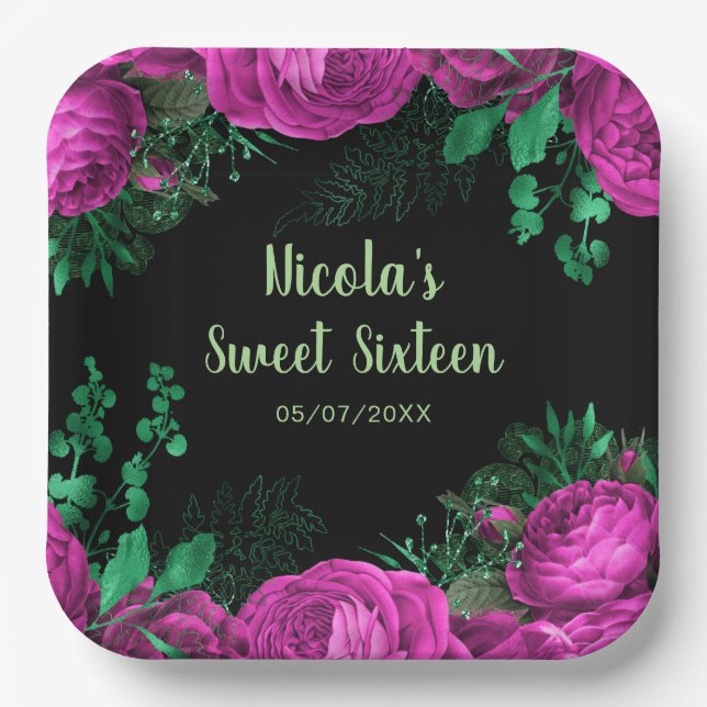Elegant Hot Pink Flowers Sweet Sixteen Paper Plates (Front)