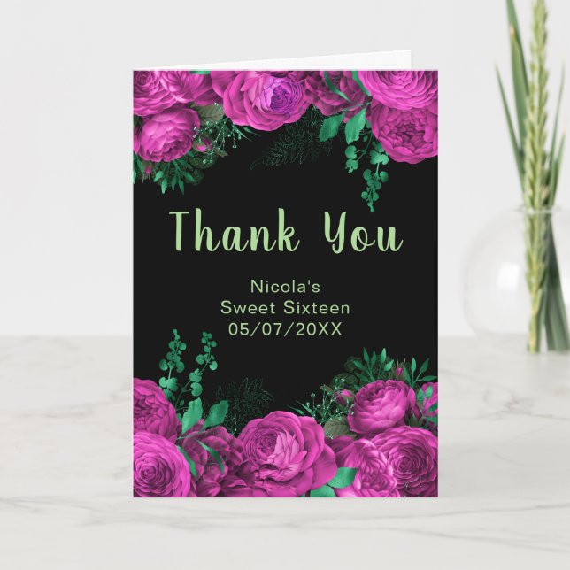 Elegant Hot Pink Flowers Sweet Sixteen Thank You Card (Front)