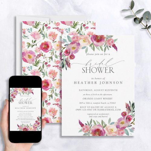 Elegant Hot Pink Flowers Watercolor Bridal Shower Invitation
