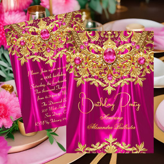 Elegant Hot Pink gems Gold Lace Damask Birthday Invitation