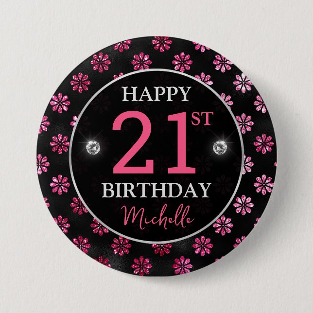 Elegant Hot Pink Glitter & Black Flowers Birthday Button (Front)