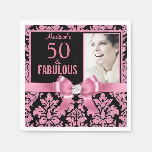 Elegant Hot pink glitter damask 50th Birthday Napkins