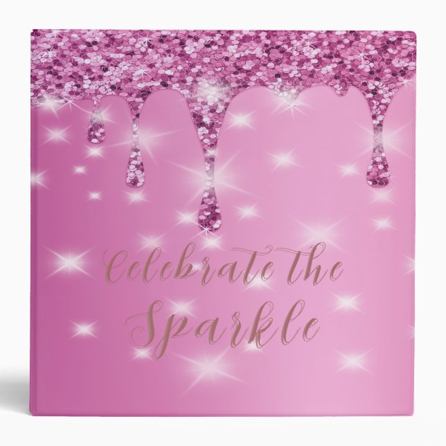 Elegant Hot Pink Glitter Drip  3 Ring Binder (Front)