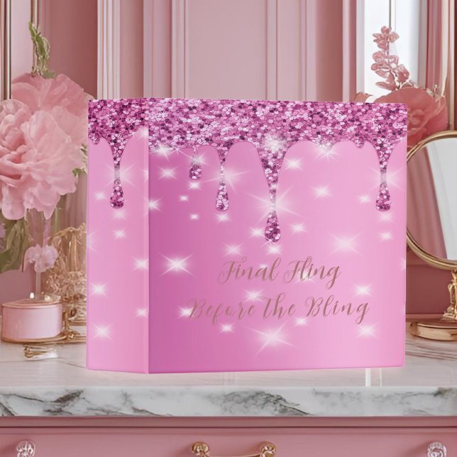 Elegant Hot Pink Glitter Drip Bachelorette  3 Ring Binder (Final Fling Before the Bling bachelorette binder with hot pink glitter drip and glam party style.)