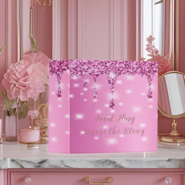 Elegant Hot Pink Glitter Drip Bachelorette  3 Ring Binder (Final Fling Before the Bling bachelorette binder with hot pink glitter drip and glam party style.)