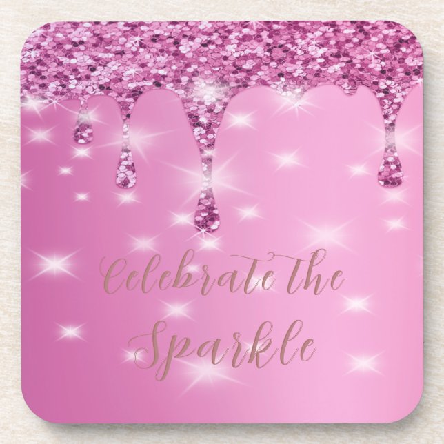 Elegant Hot Pink Glitter Drip Bachelorette Beverage Coaster (Front)