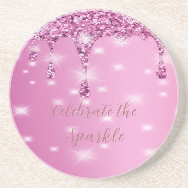 Elegant Hot Pink Glitter Drip Bachelorette Coaster (Front)