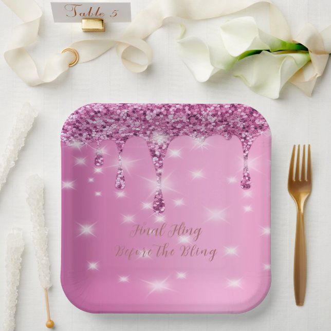 Elegant Hot Pink Glitter Drip Bachelorette  Paper Plates (Wedding)