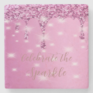 Elegant Hot Pink Glitter Drip Bachelorette Stone Coaster