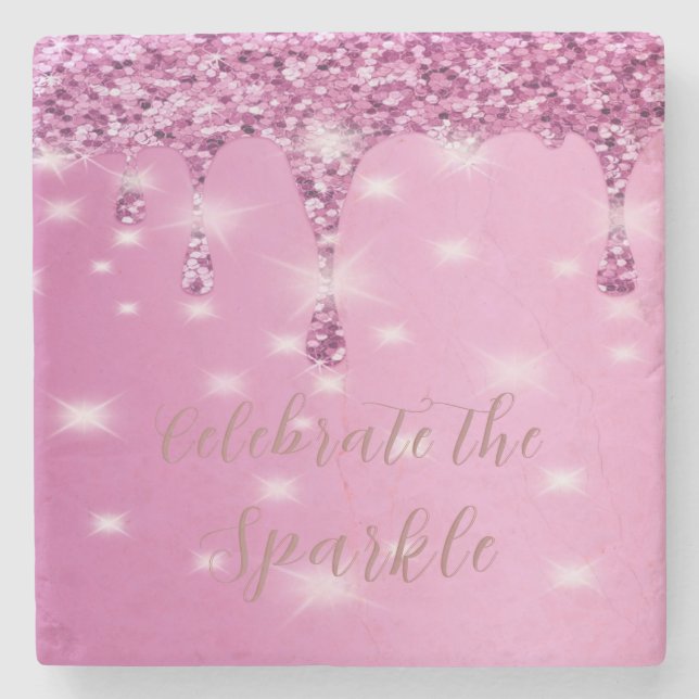 Elegant Hot Pink Glitter Drip Bachelorette Stone Coaster (Front)