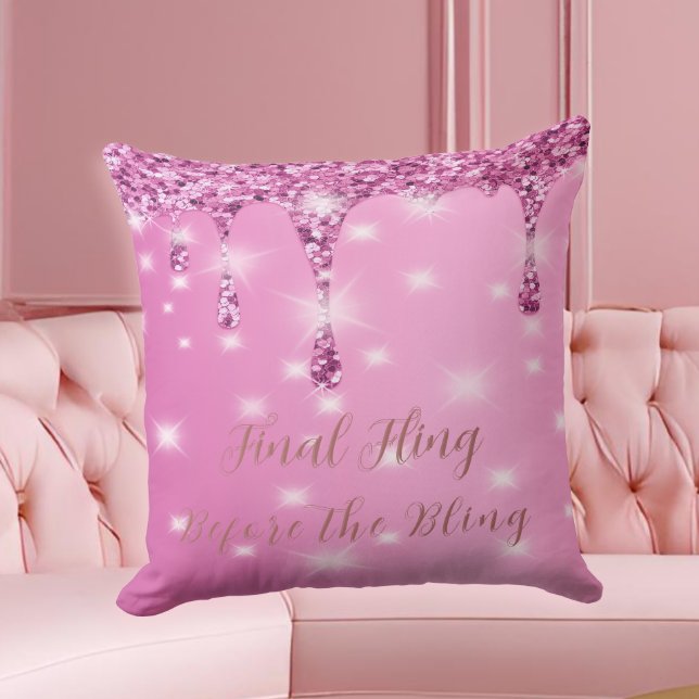 Elegant Hot Pink Glitter Drip Bachelorette Throw Pillow (Hot pink glam pillow makes a dazzling gift for the bride-to-be or her bachelorette crew.)