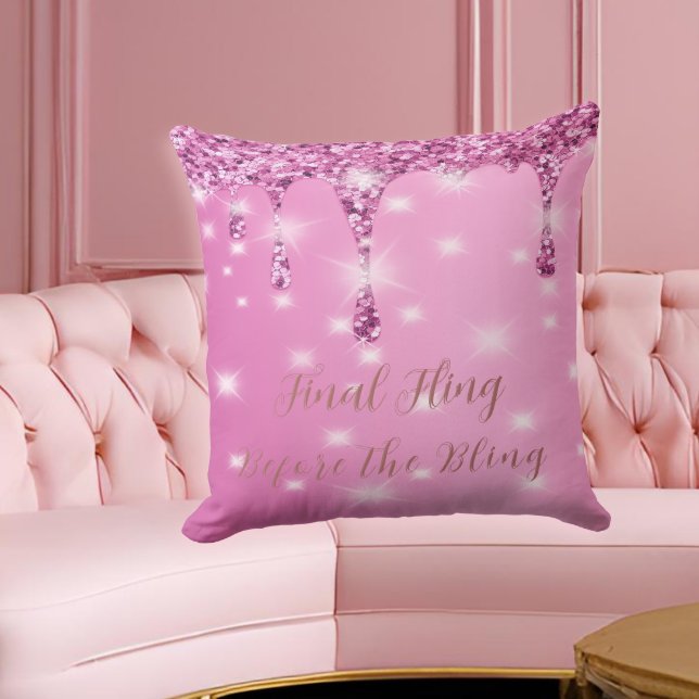 Elegant Hot Pink Glitter Drip Bachelorette Throw Pillow (Hot pink glam pillow makes a dazzling gift for the bride-to-be or her bachelorette crew.)