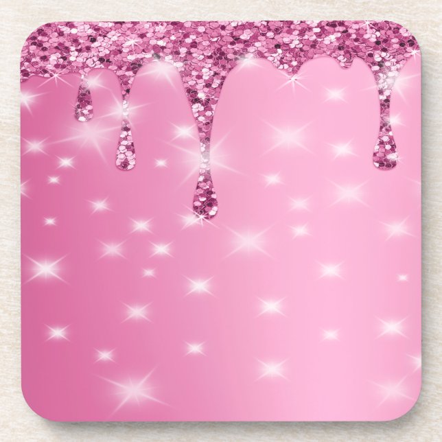 Elegant Hot Pink Glitter Drip Beverage Coaster (Front)