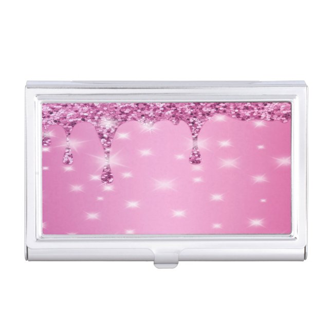 Elegant Hot Pink Glitter Drip Business Card Case (Front)