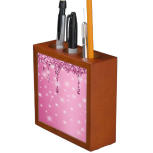 Elegant Hot Pink Glitter Drip Desk Organizer