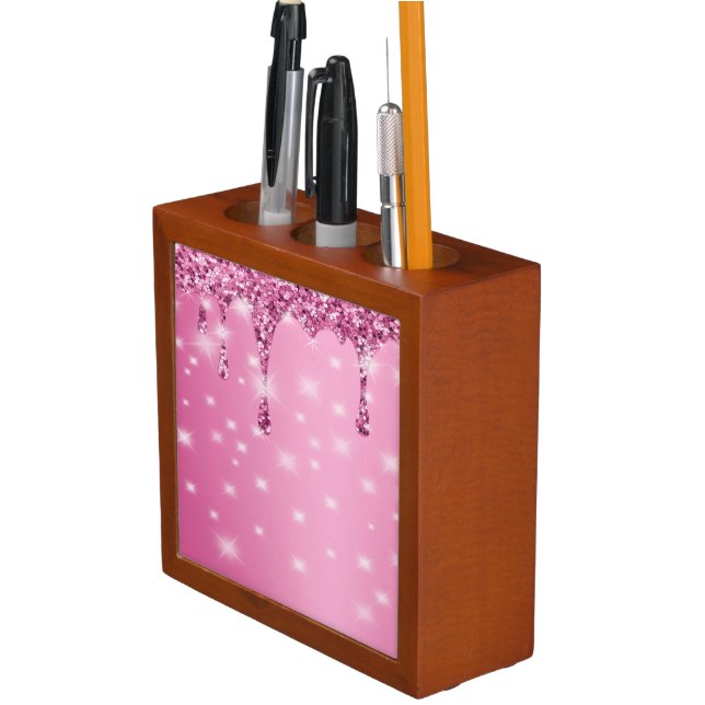 Elegant Hot Pink Glitter Drip Desk Organizer (In Situ)