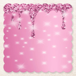 Elegant Hot Pink Glitter Drip  Paper Coaster