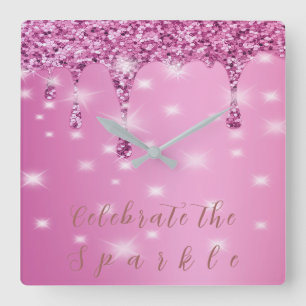 Elegant Hot Pink Glitter Drip Square Wall Clock