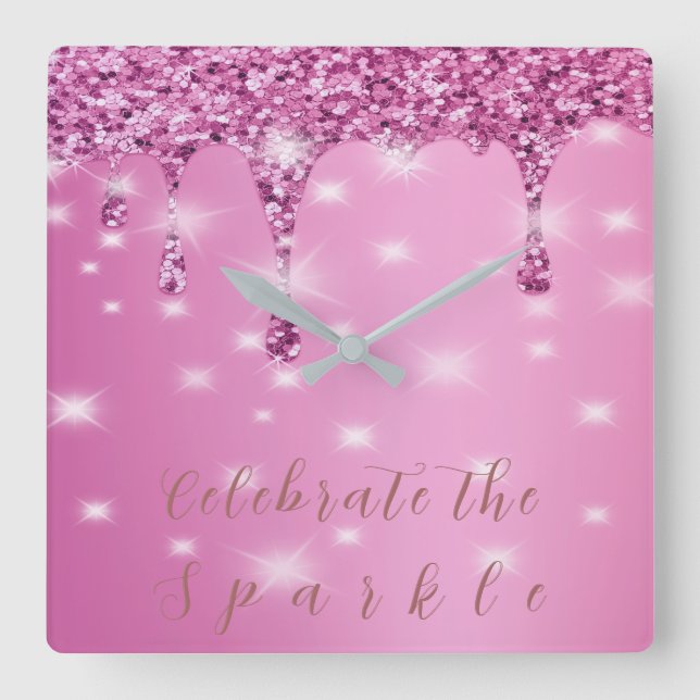 Elegant Hot Pink Glitter Drip  Square Wall Clock (Front)