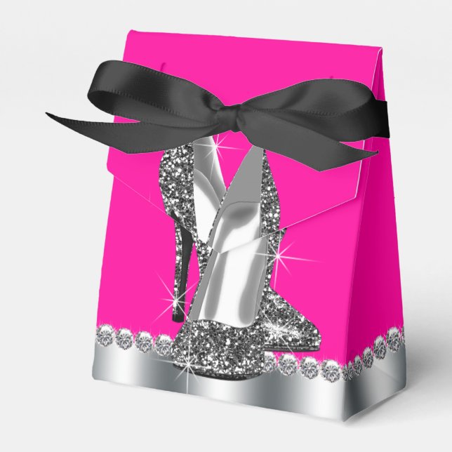 Elegant Hot Pink Glitter High Heel Shoe Favor Boxes (Front Side)