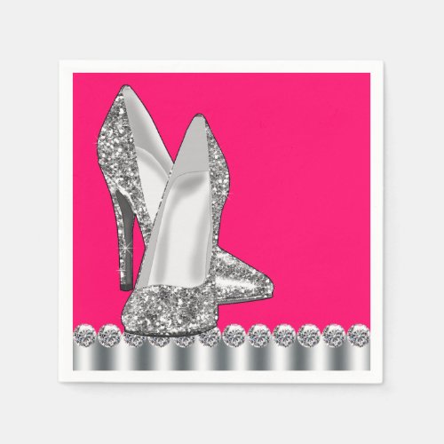 Elegant Hot Pink Glitter High Heel Shoe Paper Napkins