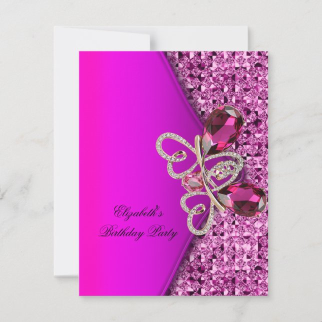 Elegant Hot Pink Glitter Jewel Birthday Party Invitation (Front)