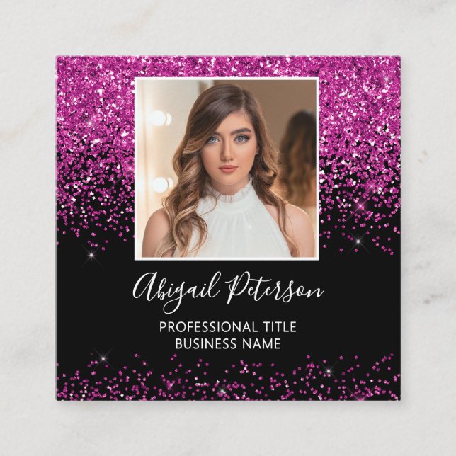 Elegant Hot Pink Glitter Photo QR Code Black Square Business Card (Front)