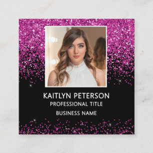 Elegant Hot Pink Glitter Photo QR Code Black Square Business Card