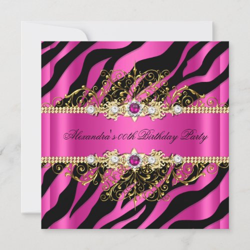 Elegant Hot Pink Gold Black Zebra Birthday Party 2 Invitation