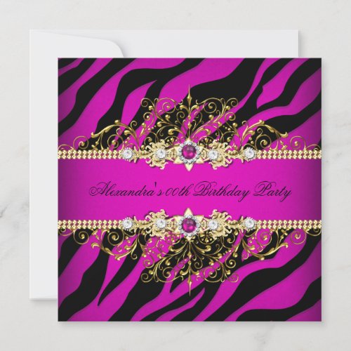 Elegant Hot Pink Gold Black Zebra Birthday Party Invitation