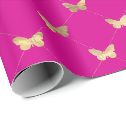 Elegant Hot Pink Gold Butterfly Pattern  Wrapping Paper