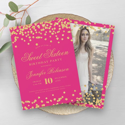 Elegant Hot Pink Gold Confetti Photo Sweet 16   Invitation