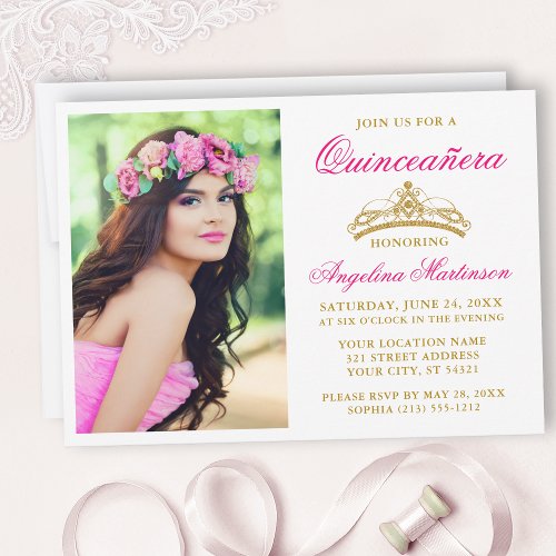 Elegant Hot Pink Gold Crown Photo Quinceanera Invitation