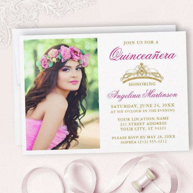 Elegant Hot Pink Gold Crown Photo Quinceanera Invitation (Customize to change text size, style, color or to add text or more photos to back of card.)