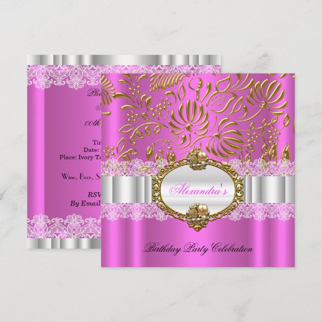 Elegant Hot Pink Gold Damask Lace Birthday Party Invitation (Front/Back)