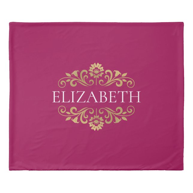 Elegant Hot Pink Gold Monogram Name Duvet Cover (Back)