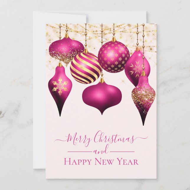 Elegant Hot Pink Gold Ornaments Christmas Card (Front)
