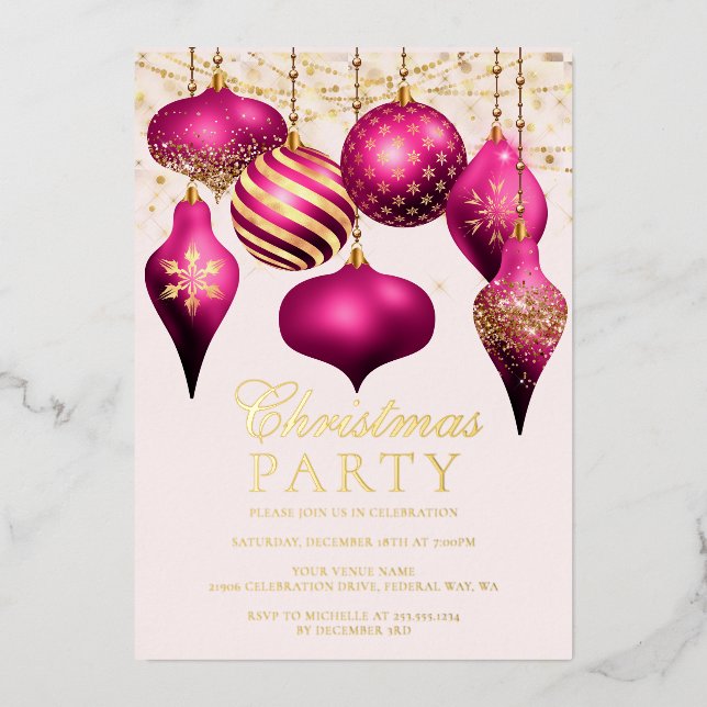 Elegant Hot Pink Gold Ornaments Christmas Party Foil Invitation (Front)