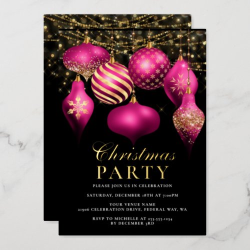 Elegant Hot Pink Gold Ornaments Christmas Party Foil Invitation