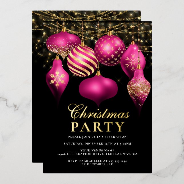 Elegant Hot Pink Gold Ornaments Christmas Party Foil Invitation (Front/Back)