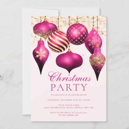 Elegant Hot Pink Gold Ornaments Christmas Party Invitation