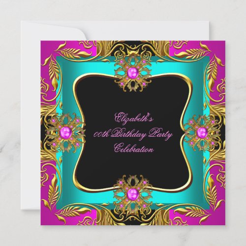 Elegant Hot Pink Jade Teal Gold Jewel Black Party Invitation