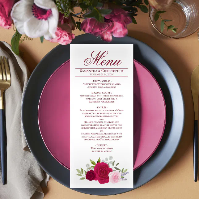 Elegant Hot Pink Magenta & Blush Roses Wedding Menu | Zazzle