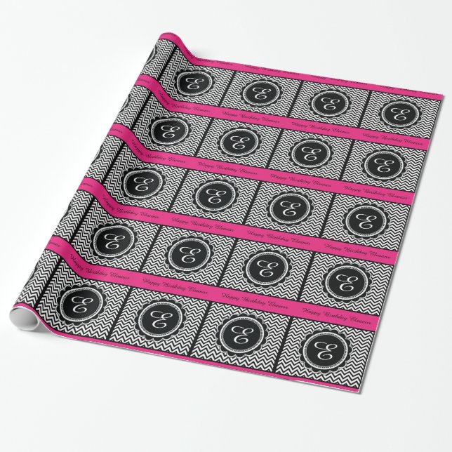 Elegant Hot Pink Monogram Chevron Pattern Wrapping Paper (Unrolled)